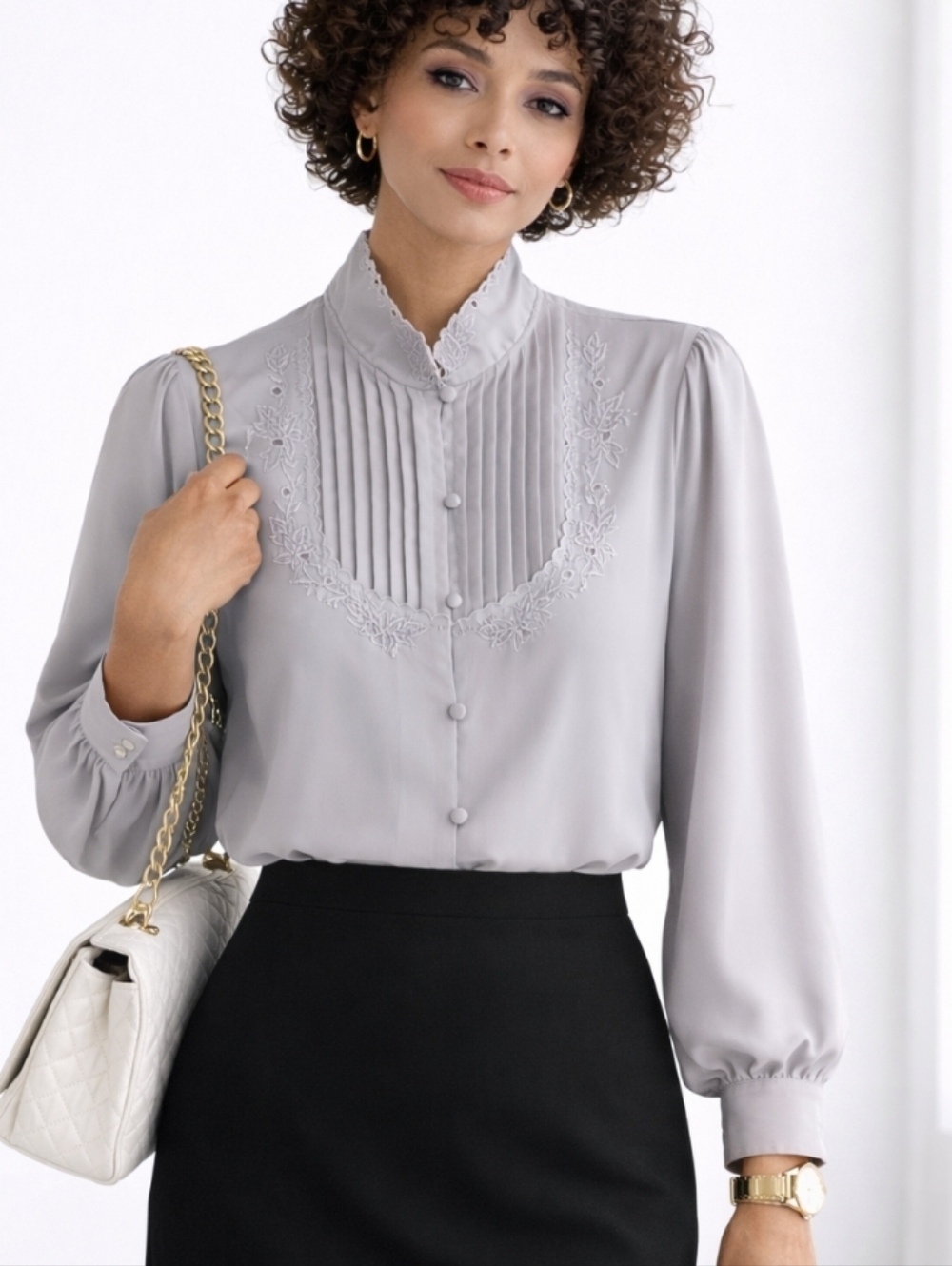 Kara | Vintage Gray Blouse Pin Tuck Pleated High Neck Floral